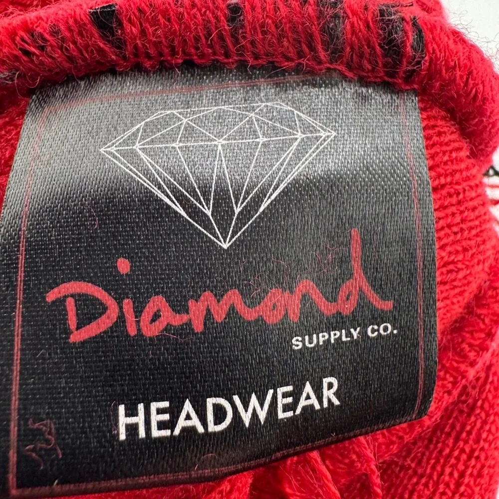 Diamond Supply Co Beanie OS Red Black Good Striped Pom Pom Cuffed Knit Hat